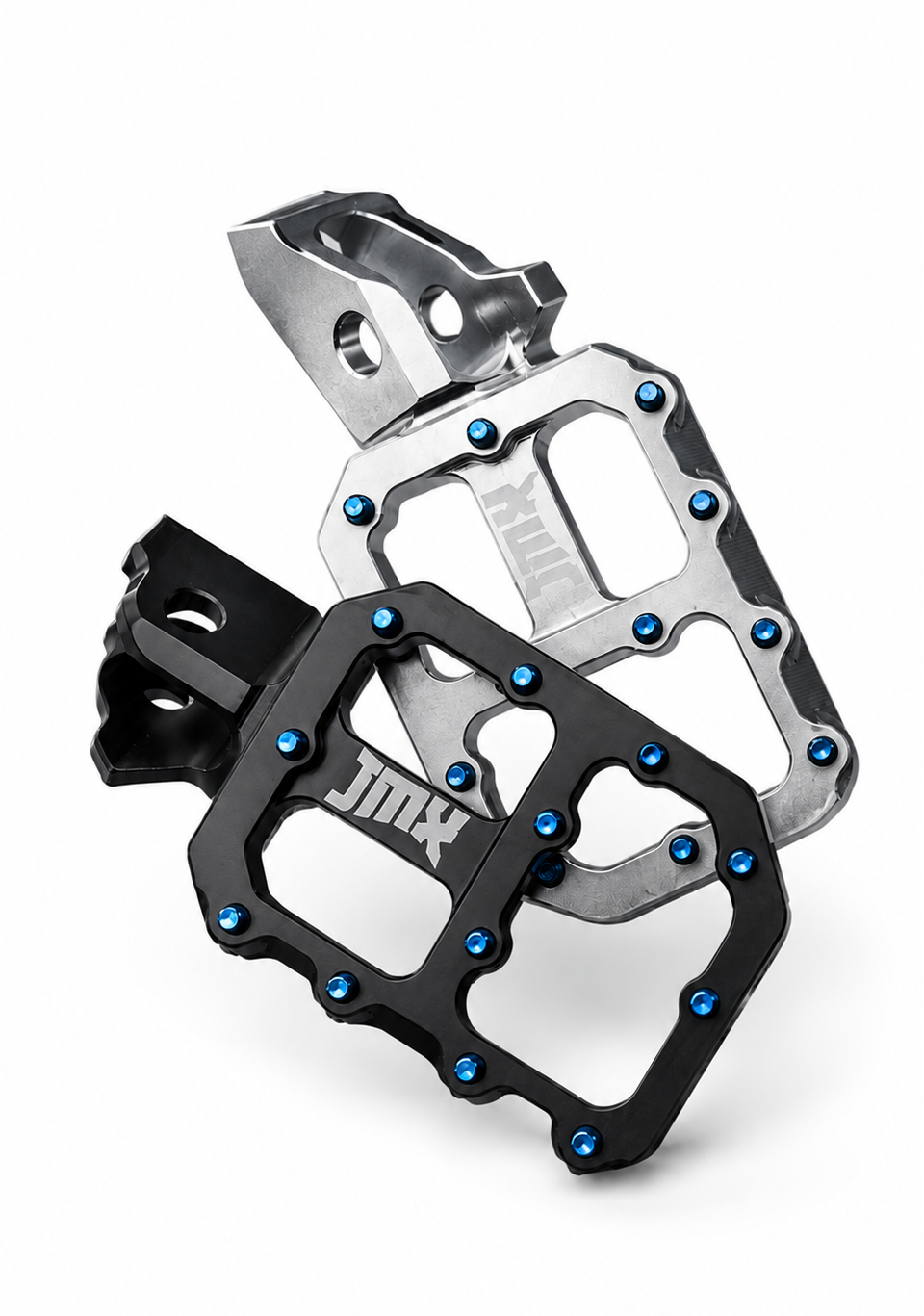 Heybike Titanium Foot Pegs in silver and black with blue bolts
